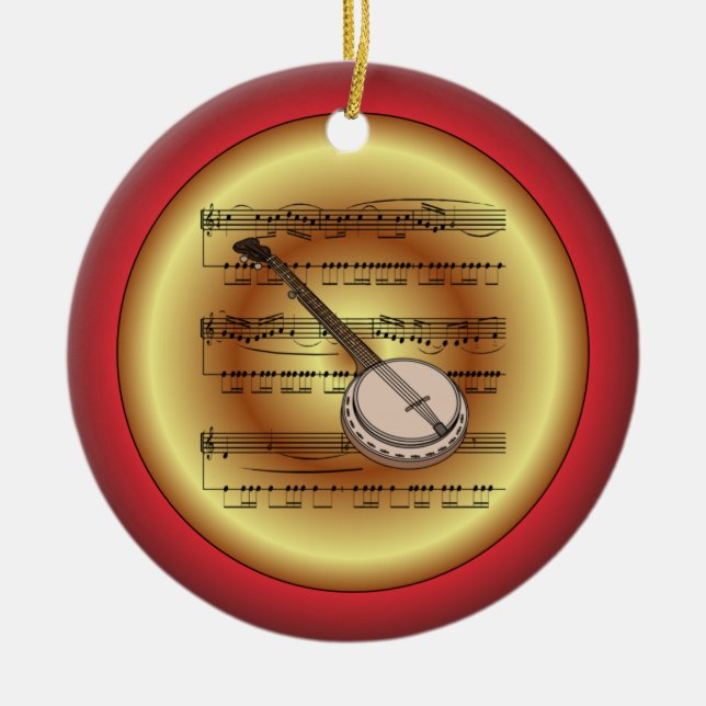 Ornamento De Cerâmica Banjo ~ Sheet Music ~ Red/Green/Dourado ~ Natal ~ (Frente)