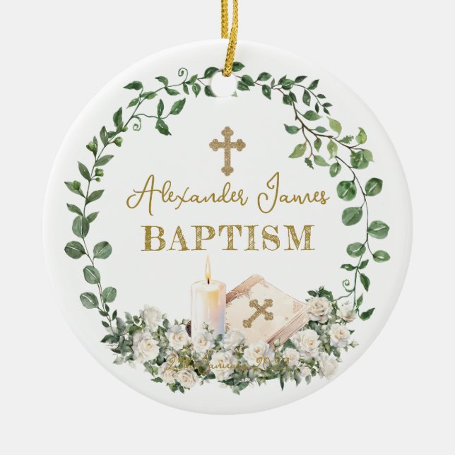 Ornamento De Cerâmica Baptism Eucalyptus Roses Cross Photo (Frente)