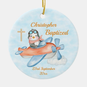 Ornamento De Cerâmica Baptism Watercolor Baby Penguin