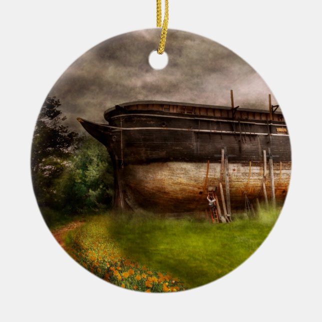 Ornamento De Cerâmica Barco - a construção da arca de Noah (Frente)