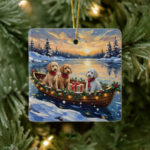 Ornamento De Cerâmica Barco de Natal do Poodle Festa de Fim de Ano