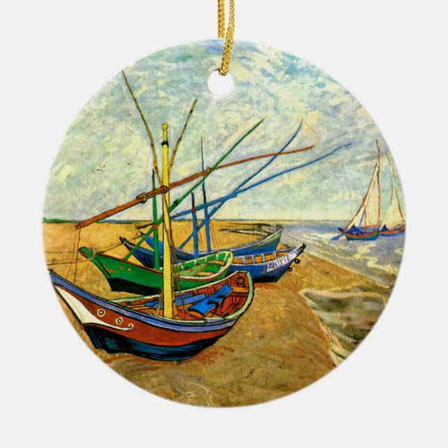 Ornamento De Cerâmica Barcos de pesca Van Gogh na praia em Saintes Marie (Frente)