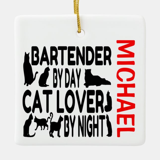 Ornamento De Cerâmica Bartender ama Cats PERSONALIZADO (Frente)