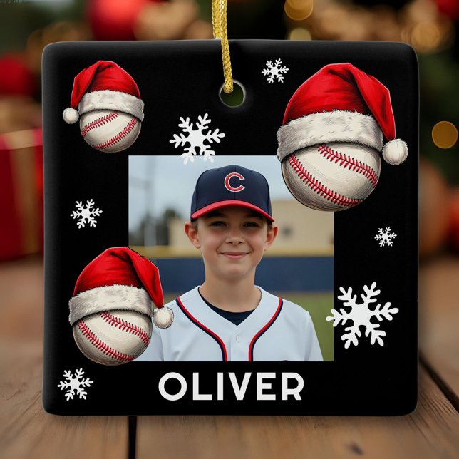 Ornamento De Cerâmica Baseball Ball Santa Hat Name Photo Christmas  (Criador carregado)
