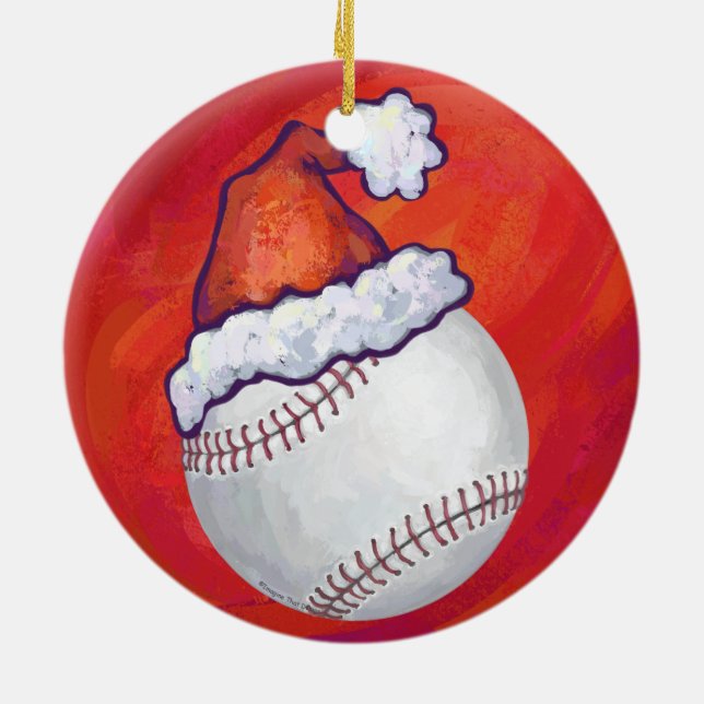 Ornamento De Cerâmica Baseball com Santa Hat em Vermelho (Traseira)