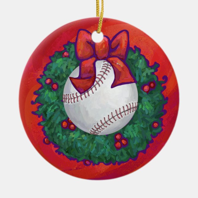 Ornamento De Cerâmica Baseball em Wreath em Vermelho (Frente)