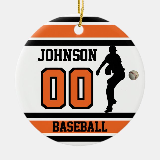 Ornamento De Cerâmica Baseball ⚾ Personalizado | Laranja, branco e preto (Frente)