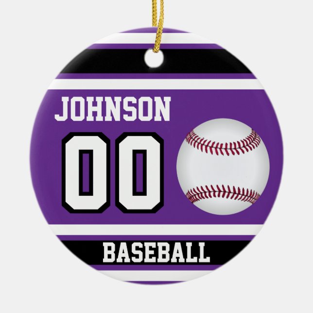 Ornamento De Cerâmica Baseball Personalizado | Roxo, Branco e Preto (Frente)