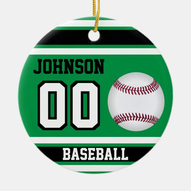 Ornamento De Cerâmica Baseball Personalizado | Verde, branco e preto (Frente)