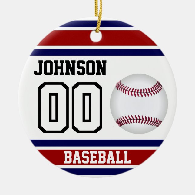 Ornamento De Cerâmica Baseball Personalizado | Vermelho, Branco e Azul (Frente)