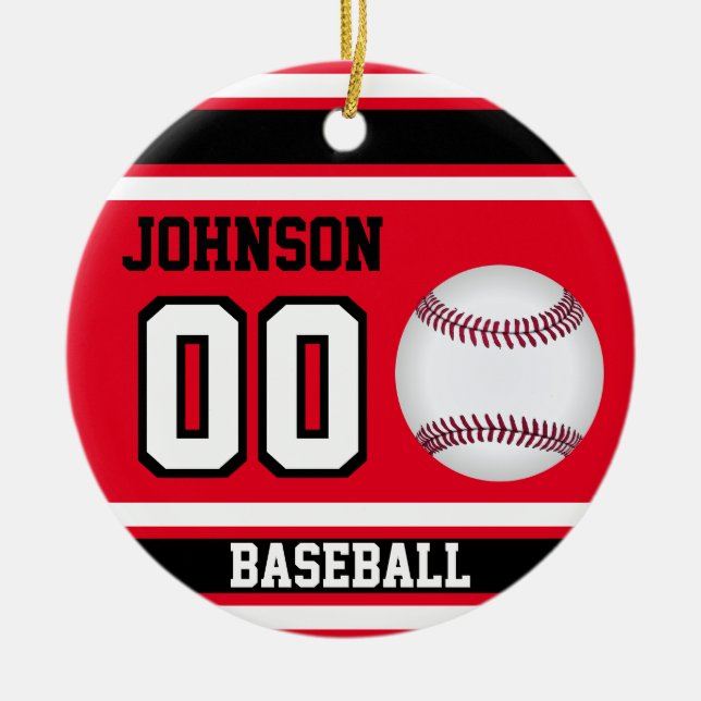Ornamento De Cerâmica Baseball Personalizado | Vermelho, Branco e Preto (Frente)