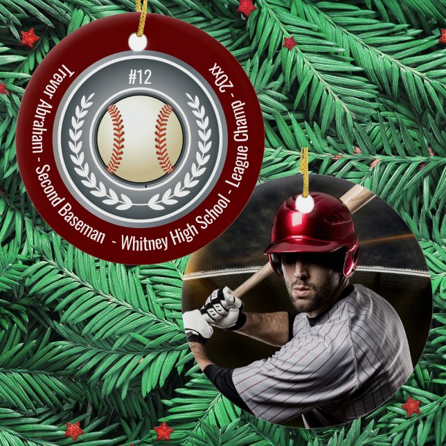 Ornamento De Cerâmica Baseball Player School Silver Gray Red Photo (Personalized baseball ornament featuring team colors, photo, name, number, and school details.)
