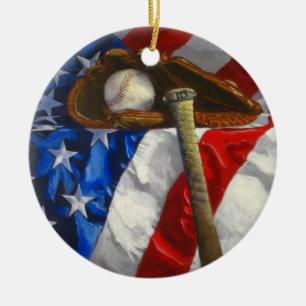 Ornamento De Cerâmica Basebol, luva, bastão & bandeira americana