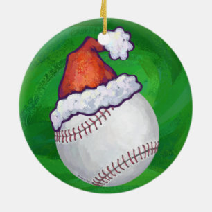 Ornamento De Cerâmica Basebol no chapéu do papai noel no verde
