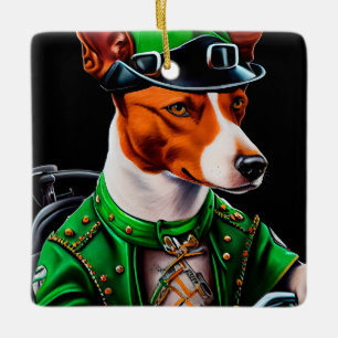 Ornamento De Cerâmica Basenji Dog dirigindo Ruas de bicicleta. Dia de Pa