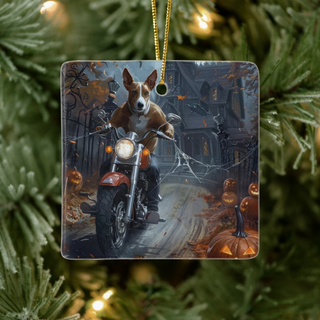 Ornamento De Cerâmica Basenji Riding Motorcycle Halloween Scary (Árvore)