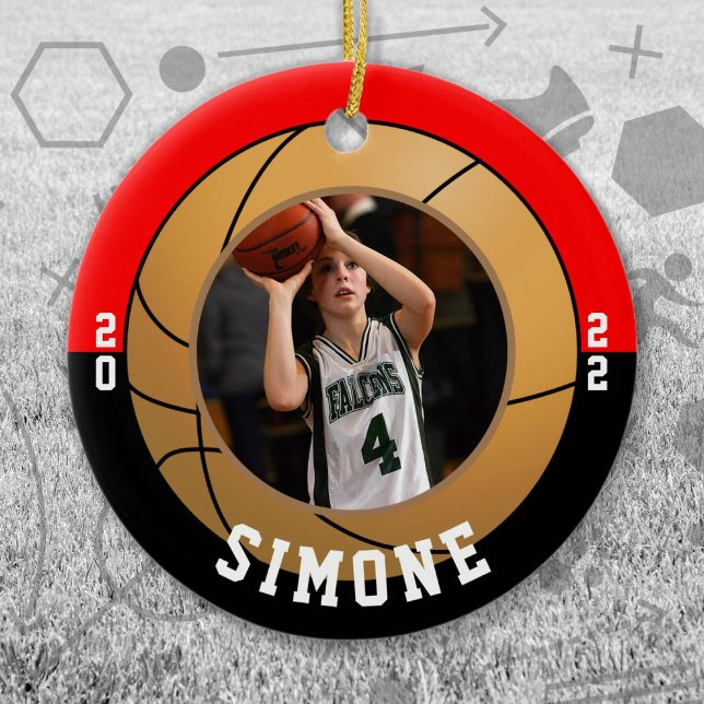 Ornamento De Cerâmica Basketball Red Black Team Colors (Red and Black Baseball Let's Go Team Ornament. Celebrate your high school or college athlete.)