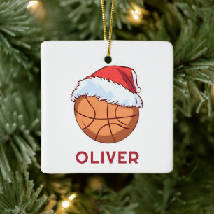 Ornamento De Cerâmica Basquete Bola Vermelha Chapéu de Papai Noel Nome N