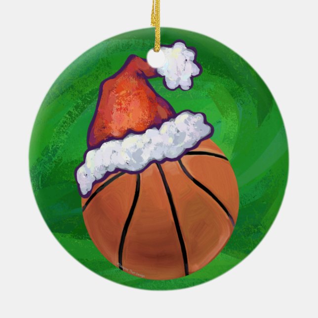 Ornamento De Cerâmica Basquete Santa Hat em Verde (Traseira)