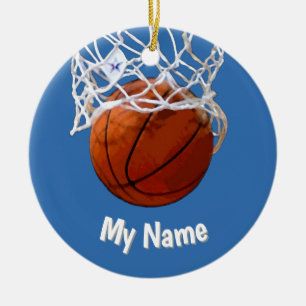 Ornamento De Cerâmica Basquetebol Seu Nome Personalizado Fundo Azul Aço