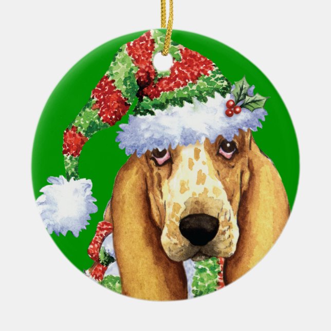 Ornamento De Cerâmica Basset feliz de Howliday (Frente)