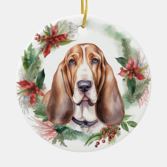 Ornamento De Cerâmica Basset Hound Christmas Wreath Festivo Pup (Frente)