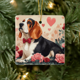 Ornamento De Cerâmica Basset Hound com Rosas - Dia dos Namorados 