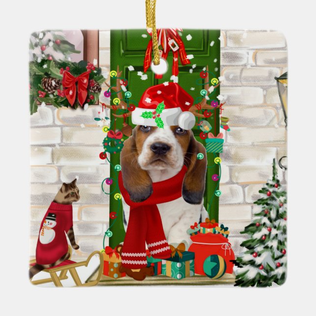 Ornamento De Cerâmica Basset Hound Natal (Frente)
