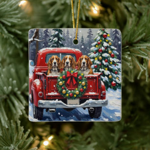 Ornamento De Cerâmica Basset Hound Natal Caminhão Vermelho Férias
