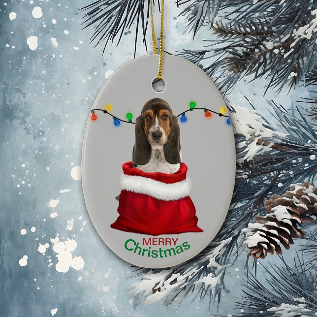 Ornamento De Cerâmica Basset Hound Puppy no Natal do Gift Bag (Criador carregado)