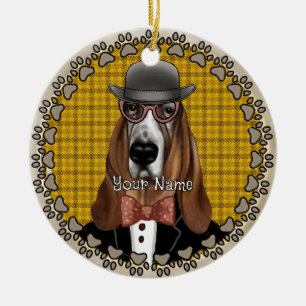 Ornamento De Cerâmica Basset Hound usando óculos