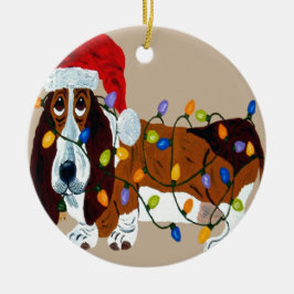 Ornamento De Cerâmica Basset Tangled em luzes de Natal