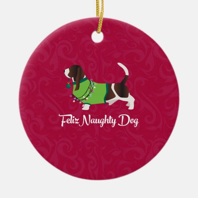 Ornamento De Cerâmica Bassett Hound Christmas Feliz Naughn (Frente)