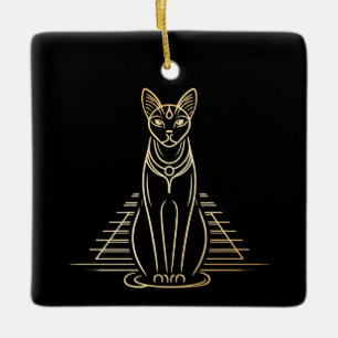 Ornamento De Cerâmica Bastet, deusa egípcia dos gatos em frente a uma pi
