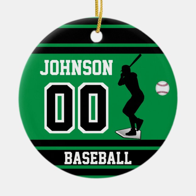 Ornamento De Cerâmica Bateria Personalizada de Baseball | Verde e preto (Frente)