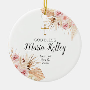 Ornamento De Cerâmica Batismo Boêmian Pink Floral Personalizado Menina