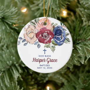 Ornamento De Cerâmica Batismo da Rosa Personalizada da Rapariga