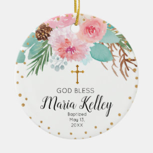 Ornamento De Cerâmica Batismo de Menina Personalizada Floral de inverno 