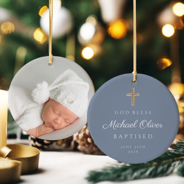 Ornamento De Cerâmica Batismo de Menino Cruzado do Deus abençoe Moderno (Modern God Bless Cross Boy Baptism Ceramic Ornament)