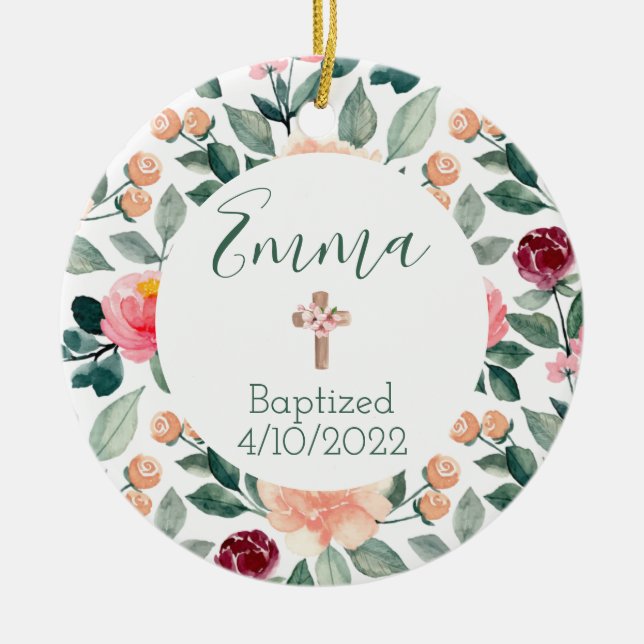 Ornamento De Cerâmica Batismo Faith Date Christian Floral Ornament (Frente)
