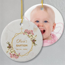 Ornamento De Cerâmica Batismo Rosa Ouro Menina Foto Orquídeas Mármore Fl