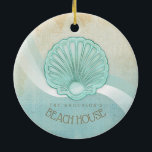 Ornamento De Cerâmica Beach House Clam Shell Aqua Blue ID623<br><div class="desc">Esse design de ornamento cerâmico nas cores suaves do mar e da areia permite adicionar facilmente seu próprio nome e texto usando o modelo fornecido. A simples imagem da concha de moluscos em um plano de fundo angustiante e aquoso é realçada por um sotaque de onda em aqua e branco....</div>