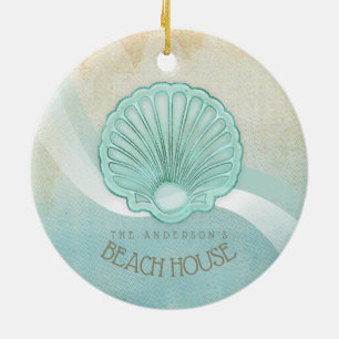 Ornamento De Cerâmica Beach House Clam Shell Aqua Blue ID623
