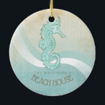 Ornamento De Cerâmica Beach House Mar Aqua Blue ID623<br><div class="desc">Este design de ornamento cerâmico nas cores suaves do mar e da areia permite adicionar facilmente seu próprio nome e texto usando o modelo fornecido. A simples imagem do cavalo de mar sobre um fundo angustiado e aquoso é destacada por um sotaque de onda em aqua e branco. Procure ID623...</div>