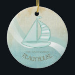 Ornamento De Cerâmica Beach House NMaritime boat Aqua Blue ID623<br><div class="desc">Este produto nas cores suaves do mar e da areia permite que você adicione facilmente seu próprio nome e texto usando o modelo fornecido. A simples imagem de veleiro em um fundo angustiado e aquoso é destacada por um sotaque de onda em aqua e branco. Se você não tem a...</div>