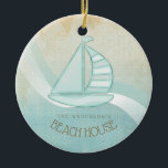 Ornamento De Cerâmica Beach House NMaritime boat Aqua Blue ID623<br><div class="desc">Este produto nas cores suaves do mar e da areia permite que você adicione facilmente seu próprio nome e texto usando o modelo fornecido. A simples imagem de veleiro em um fundo angustiado e aquoso é destacada por um sotaque de onda em aqua e branco. Se você não tem a...</div>