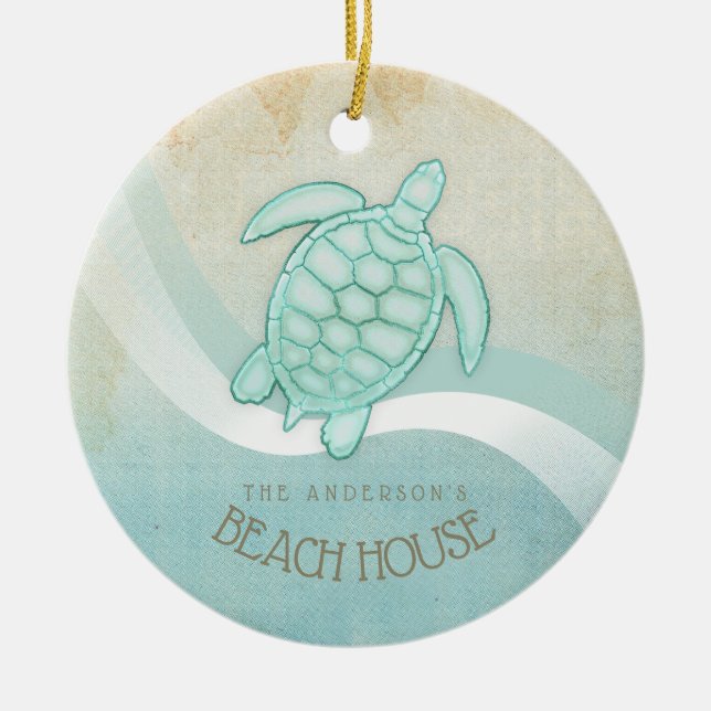 Ornamento De Cerâmica Beach House NMaritime Turtle Aqua Blue ID623 (Frente)
