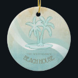 Ornamento De Cerâmica Beach House Palm Trees Aqua ID623<br><div class="desc">Este produto nas cores suaves do mar e da areia permite que você adicione facilmente seu próprio nome e texto usando o modelo fornecido. A simples imagem das palmeiras em um fundo angustiado, aquarela, é destacada por um sotaque de onda em aqua e branco. Se você não tem a sorte...</div>