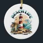 Ornamento De Cerâmica Beach Life<br><div class="desc">Enfeites de natal temático da praia. Ilustração de uma cena de praia com farol, pranchas, palmeiras e golfinhos.</div>