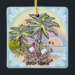 Ornamento De Cerâmica Beach Sunset Flamingo<br><div class="desc">Ornament Flamingo de Beach Sunset,  roupa de praia,  presentes Flamingo pela Ilustração ArtMuvz.Este Ornament apresenta um design flamingo de praia ousado e atraente. PARA PERSONALIZAR,  adicione seu nome ou adicione texto. Personalize esta Ornação Flamingo para torná-la exclusiva sua ou para dar como presente personalizado</div>